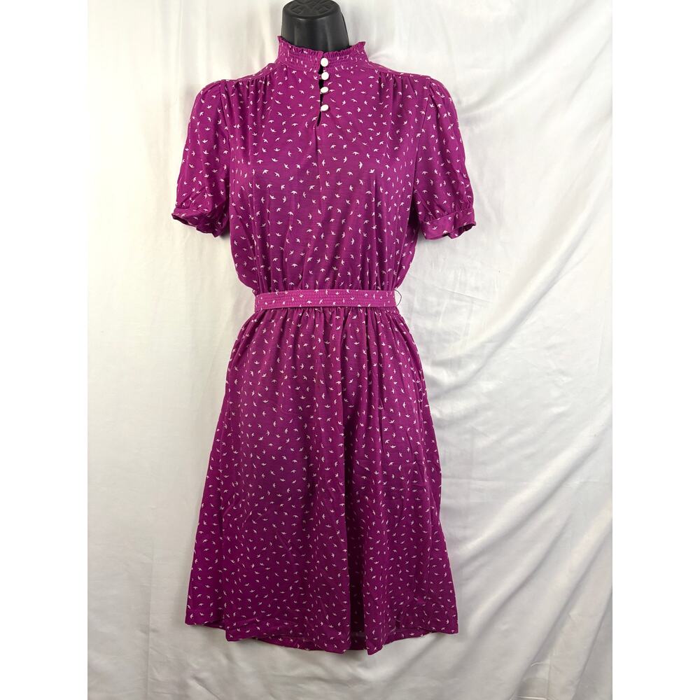 Vtg 70s 80s MSII Petites Magenta Polyester Midi Dress High Neck Puffed‎ Sleeves